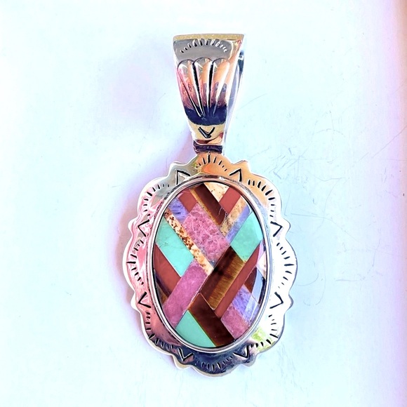 Vintage Jewelry - Vintage 925 Sterling Silver Pendant with Multicolour Stone Inlay